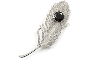 Avalaya Large Diamante Peacock Feather Silver Tone Brooch (Clear & Black) - 11.5cm Length