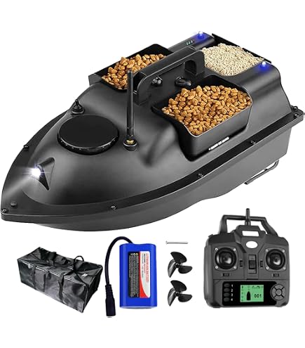 Bateau Appât Télécommandé 300 M - 1,8 Kg De Charge, Lumières LED Nuit, 2 Boîtes Séparées - Idéal Pour Pêche En Lac, Rivière Ou Eaux Peu Profondes - Noir