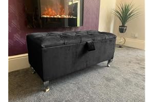 SK LUXURY LIVING Ottoman Storage Box - Engineered Wood Fabric Buttons Luxurious Plush Velvet Ottoman Storage Bench, Perfectly Designed Ottoman for Bedroom Storage (Black Plush, Legs)