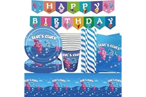 QWEPU Blue's Clues- Set di stoviglie per Compleanno per Bambini, 52PCS Toppers di Compleanno a Tema Decorazioni per Feste a Tema Posate, con Piatti, Tazze, tovaglie, Decorazioni per Compleanni