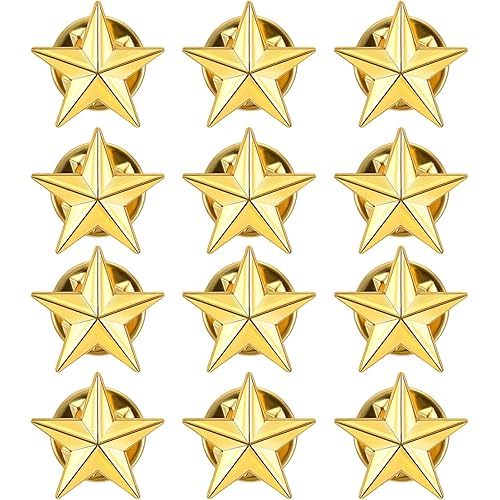 Star Badges with Pin, 12PCS Gold Five-Pointed Star Lapel Pins for Clothes, Bags and Hats, Independence Day Badges for Students, Men and Fashion Enthusiasts