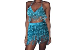 FEMEREINA Women´s Sexy Rave Fringe Belly Tassel Mini Skirt Dance and Sequins Bra Top Party Club Costume Carnival Outfits