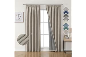 Joydeco 100% Blackout Curtains Bedroom 52 x 84 Inch Drop, Faux Linen Pencil Pleat Thermal Insulated Drapes with Coating Back Layers for Room Darkening Privacy Protection, 2 Panels, Linen Colour
