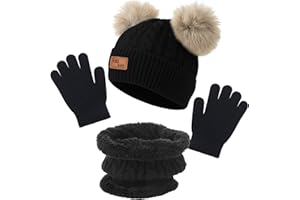HALINUIA Ensemble bonnet,écharpe et gants d'hiver pour enfants,3 pièces,tricoté chaud,écharpe épaisse et moelleuse,chapeau à pompon,gants à deux doigts pour écran tactile,pour garçons et filles de 2 à 8