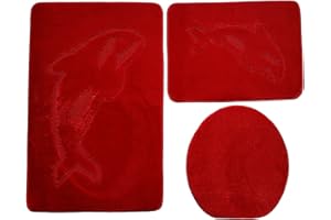 Ilkadim Delphin Badgarnitur 3 TLG. Set 55x85 cm einfarbig, WC Vorleger ohne Ausschnitt für Hänge-WC (rot)