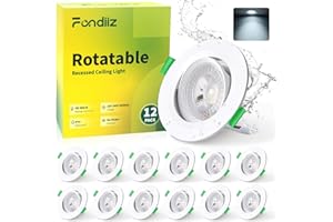 Fondiiz 5W Spot LED Encastrable Orientable, Spot LED Extra Plat 480LM Blanc Froid 6000K, Spots de Plafond IP44 Étanche pour Salle de Bain, Spots Encastrés Blanc Trou Ø70-80mm, Non Dimmable, Lot de 12