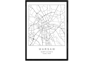 NACNIC Nadruk mapy miasta Warszawy w stylu skandynawskim w kolorze czarnym i białym. Rozmiar A3, papier plakatowy z nadrukiem nr 250 gr. Obrazy, wydruki i plakaty do salonu i sypialni