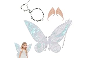 LYINUR 4Pcs Fairy Wings Set, White Butterfly Fairy Wings Costume for Kids and Adult, Sparkling Angel Wings for Girls Kids - Fairy Wings/ Elf Ears/ Fairy Wand/ Flower Crown for Halloween Party