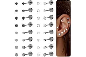Diamday 16 coppie Piccoli Cartilagine Orecchini per donne e uomini Acciaio chirurgico Orecchini a cartilagine con retro piatto Ipoallergenici Zircone cubico Orecchini a pallina 2mm3mm Piercing Tragus