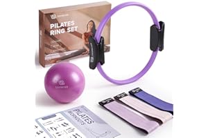 LIONSCOOL Pilates Ring Set - Premium14”Magic Circle with Dual Padded Handles - Includes Pilates Mini Ball & Highly Elastic Resistance Bands & Workout Guide & Bag