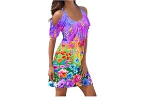 QI_LIANG Dress Femme Amincissant Dresses FêTe des MèRes Basic Moelleux Lin Manche épaule dénudé Robe Tunique Femme Taille Empire Patineuse Date Imprimee Col Rond