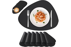 ‎DEYOOXI Deyooxi Platzset Abwaschbar Leder - 6 Tischsets Abwaschbar Rund mit 6 Untersetzer rutschfest Platzdeckchen Doppelseitigen Tischsets, PU Kunst Leder Hitzebeständig - 41.5×31cm,Schwarz
