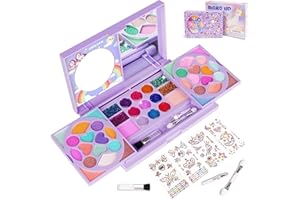 Tomons Maquillage Enfant Fille, Jouet de Maquillage Lavable Vrai Cosmétique avec Pinceaux, Miroir et Autocollants Gemmes pour 3 4 5 6 7 8 9 10 Ans