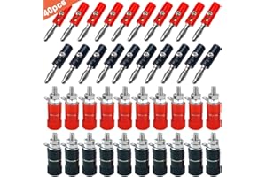 QitinDasen 40Pcs Premium 4mm Banane Prise Connecteur Kit: 20Pcs Plaquée Nickel Banane Fiche + 20Pcs Banane Sécurité Douille, pour Haut-Parleur, Audio/Vidéo Récepteur (Rouge & Noir)