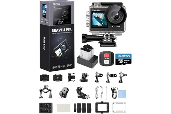 AKASO Brave 4 Pro Camera Sport 4K 40M avec Carte Mémoire microSDXC 128 Go, 20MP WiFi Action Caméra sous-Marine EIS Stabilisateur avec Écran Tactile Grand Angle 170° 5X Zoom Kit d'Accessoires
