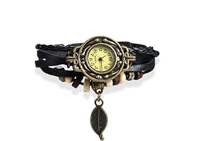 JewelryWe Damen Armbanduhr, Retro geflochten Leder Armband Armreif Armkette Uhr mit Baum Blatt Anhänger für Frau Mädchen