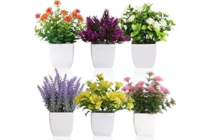crayfomo 6 Pack Artificial Plants in Pots Small Fake Plant Flowerpot, Faux Plants Indoor with Plastic Pot for Home Office Desk Table Decoration (Flower)