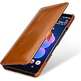 StilGut Book Type Lederhülle kompatibel mit HTC U12+, Cognac mit Clip