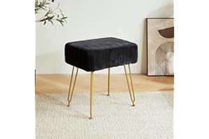 IBUYKE Velvet Rectangular Footrest Ottoman, Makeup Vanity Stool Side Table, Dressing Table Seat, Pouf Couch Stool, Golden Steel Legs, Black L/G-51B