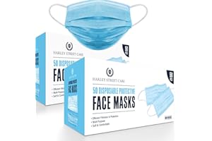 H HARLEY STREET CARE Disposable Blue Face Masks Protective 3 Ply Breathable Triple Layer Mouth Cover with Elastic Earloops (Pack of 100)