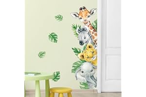 Tanlaby Adesivi Murali Animali Giungla Adesivi da Parete Animali Safari Stickers Murali Giraffa Zebra Verde Foglie Stickers Muro per Bambini Camerette Camera da Letto Asilo Nido