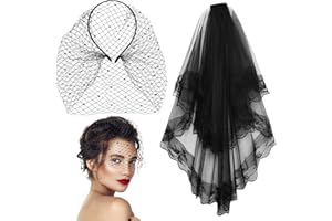 YIMVUNZ 2 pcs Velo da Sposa Nero, Velo di Halloween, Velo da Ricamo con Pettine, Velo da Sposa in Pizzo Nero, per feste di Halloween, velo con pettine, velo cosplay, accessori per donne e ragazze