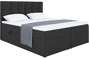 ‎MEBLINI MEBLINI Boxspringbett mit Bettkasten - Gepolstert Doppelbett mit Matratze und Topper - Polsterbett mit Stauraum - Bett mit Kopfteil - Stauraumbett - NILS - 180x200 - H3/Schwarz Webstoff