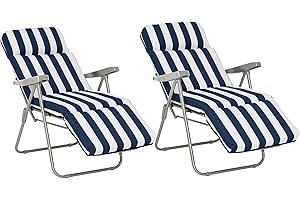 Outsunny Reclining Garden Chair Set of 2, 5-Level Adjustable Zero Gravity Chairs with Cushions, Folding Sun Lounger Garden Recliner Chairs with Armrests for Outdoor, Patio, Blue Stripe