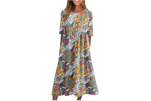 AZRUMA Damen Kleid Sommer Frauen Boho Drucken Rundhals Kurzarm Swing Lange Tunikakleid mit Taschen Elegant Locker A-Linie Hoher Taille Bohemien Strandkleid Casual Midikleid Sommerkleid Freizeitkleid