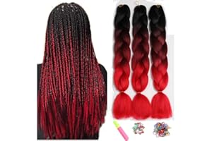 ShowJarlly Box Braid przedłużki do włosów, 61 cm, czarno-czerwone wino/czerwone, ombre, warkocz Jumbo, 3-pak, syntetyczne przedłużki do włosów, afro, do zaplatania, szydełkowania, skręcania warkoczy