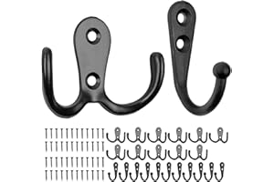 YOUR DAY MATE Set di ganci a vite, 24 pezzi, in nero, 12 x ganci singoli e 12 x ganci doppi incl. viti per legno, hook cappotti per porte, bagni, cucine, corridoi, uncino in metallo fai da te, crochet cappotti