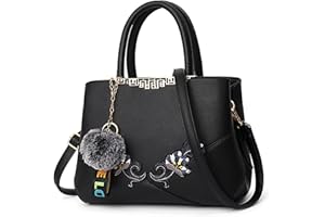 VARLIVOO Bolsos para Mujer Flores Patrón Bolsos Bandolera Pom Pom Decoración Bolsos de Mano Bolsos Totes para Mujer Colegio Bolso Señoras con Bandolera Impermeable PU Cuero