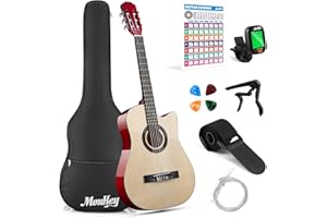 Guitarra acústica Moukey de 96 cm para principiantes, niños, jóvenes y adultos, con cutaway, kit con póster de acordes, funda, afinador, púas, cuerdas de nailon, cejilla y correa - Natural