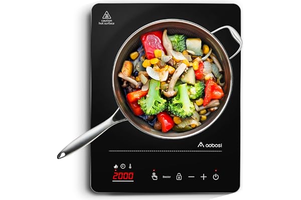 Aobosi Plaque de cuisson à induction,plaque à induction portable, 20 niveaux de puissance et 20 niveaux de température,Taille compacte,2000W,Affichage LED,Minuterie 10H,Fonction Booster
