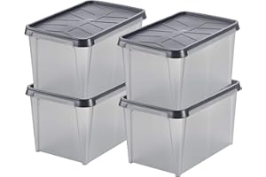 SmartStore Cajas de almacenamiento de plástico con tapas – Lote de 4 unidades, transparentes, IP44, impermeables, apilables y apilables – aptas para contacto alimentario – 60 x 40 x 35 cm – 50 l