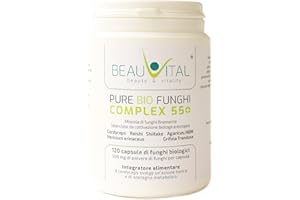 BEAUVITAL Pure Bio Funghi medicinali Complex 55+ 120 capsule da 500 mg da Cordyceps Hericium Reishi Agaricus Maitake Shiitake da agricoltura biologica dell'UE, vegano
