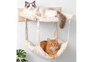 JSPYFITS Wooden Cat Furniture Wall Mounted, Double Layer Hammock, Large Size 18.9″ Removable Multi-Function Cat Bed for Sleep/Play/Climb, Kitten Window Perch, Easy DIY Installation(Beige)