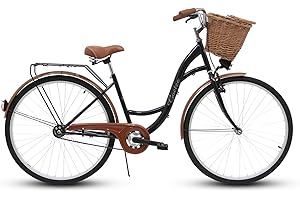 Goetze Eco Vintage City Bike - Bicicleta holandesa para mujer, estructura de acero, ruedas de aluminio de 28 pulgadas con freno de contrapedal, 1 marcha, sin desviador, cesta de mimbre