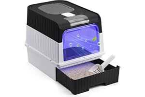 THE FELLIE Fellie Cat Litter Tray with UV Sterilization, Large Box with Lid, Anti-Splash Drawer Pan, Odor Control, Easy Clean, Foldable, Black