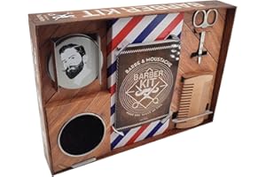 Coffret Barber Kit: Barbe & moustache, pour une taille au poil. Le livre avec 1 brosse à barbe ronde, 1 boîte pour ranger la brosse, des ciseaux de barbier, 1 peigne à barbe
