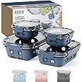 BEOLA Set of 4 Glass Food Storage Containers, Lunch Box, with Airtight Lids and Silicone Protection, Leakproof Food Organizer, Freezer, Dishwasher, Microwave Safe, Glass Tupperware (Marine Blue)