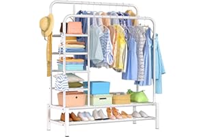 ZHZIRO Metal Clothes Rail Double Pole Clothes Rack Multifunctional Garment Rack with Storage Shelves Suitable for Home Bedroom for Coats, Bags, Shoes, Boots (White)