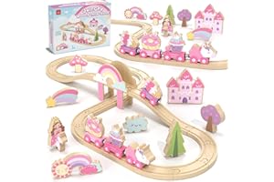 Lehoo Castle Train en Bois Licorne, Train Jouet Fille 3 4 5 6 Ans, Licorne Jouet, Compatible avec Brio, Thomas