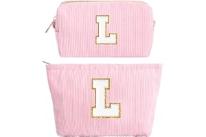 HAMATATA 2 Pièces Sac à Cosmétiques Rose en Velours Côtelé avec Initiales, Pochette Cosmétique Grande Capacité Trousse de Toilette de Voyage Femmes Filles Cadeaux d'anniversaire Noël Sac de Rangement(L)