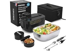 SOKTNEU Gamelle Chauffante 80W 3 en 1 Haute Puissance 220V 24V 12V 1.5L Acier Inoxydable Portable Boîte Electrique Isotherme Chauffante Repas pour Voiture Camion Bureau Travail