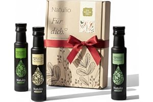 ‎NATULIO Natulio Geschenkset Bio Kräuter Trio kaltgepresst - Geschenkidee - das perfekte Weihnachts-Geschenk für alle Feinschmecker - Geschenkset aus Basilikumöl, Knoblauchöl & Rosmarinöl - 3x100ml -DE-ÖKO-006