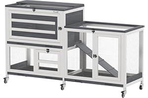 PawHut Conigliera da Interno a 2 Livelli, Gabbia per 2-3 Conigli con 6 Ruote, Rampa, Tetto Apribile, Area Aperta e 3 Vassoi, Cassetta per Conigli in Legno di Abete, 147x45x89.5 cm, Grigio