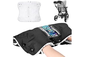 Yimomoyi Guantes Carro Bebe Invierno, Manoplas Carro Bebe Impermeables Extra Gruesos, Guantes de Silla de Paseo con Bolsillo para Celular, Guantes de Cochecito Prueba para Todos los Cochecitos (Negro)