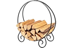 TANGZON Fireplace Log Rack, Heavy Duty Firewood Rack, Rust-resistant Wood Stacking Storage Holder Stand for Indoor Outdoor, Black (Round Shape, with Curved Legs)