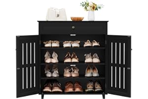 Yaheetech Shoe Cabinet, Wooden Storage Cabinet Organizer with 1 Drawer & 2 Doors, Modern 4-Tier Shoe Rack with Adjustable Shelves for Living Room, Hallway, Bedroom, Black